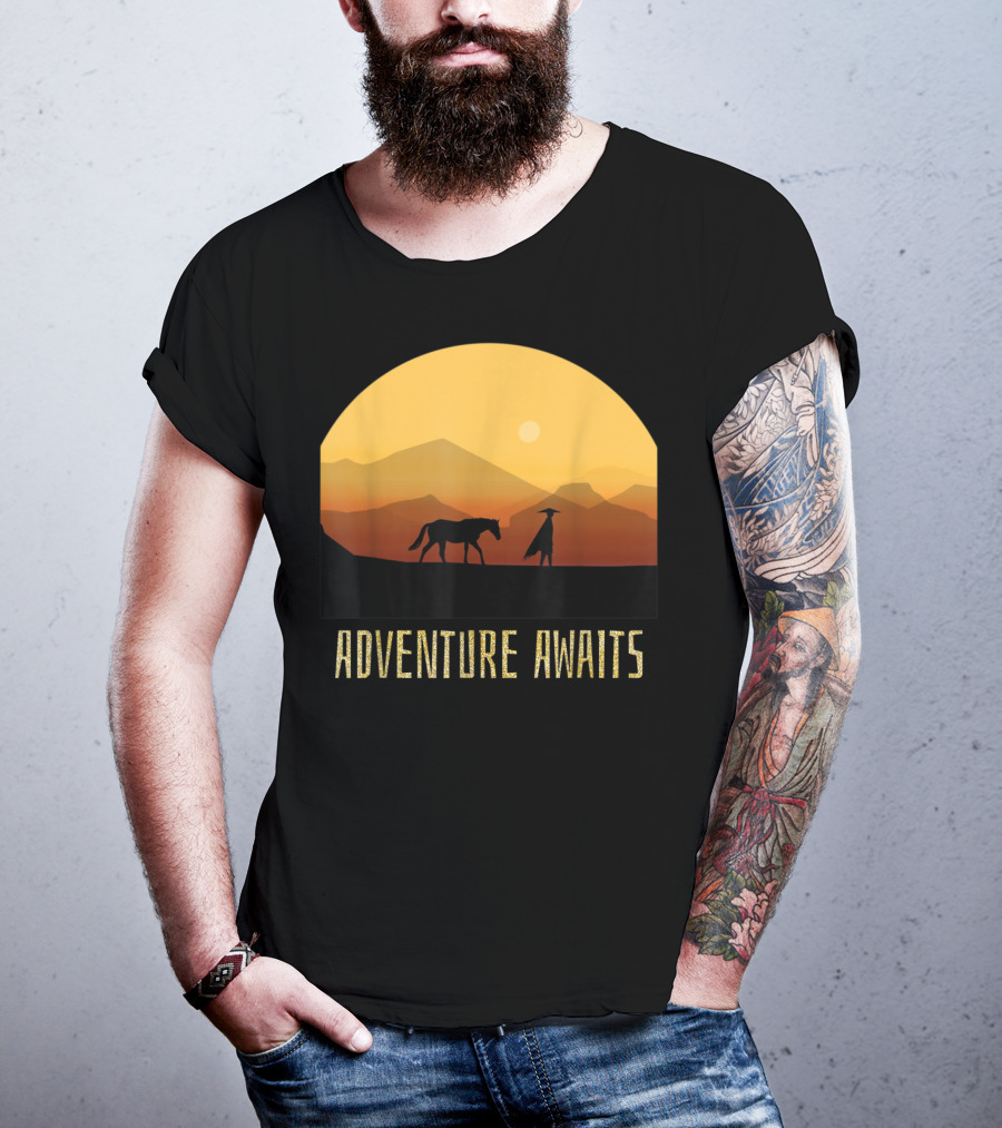 Adventure Awaits Sunset Man Horse Mountains T-Shirt
