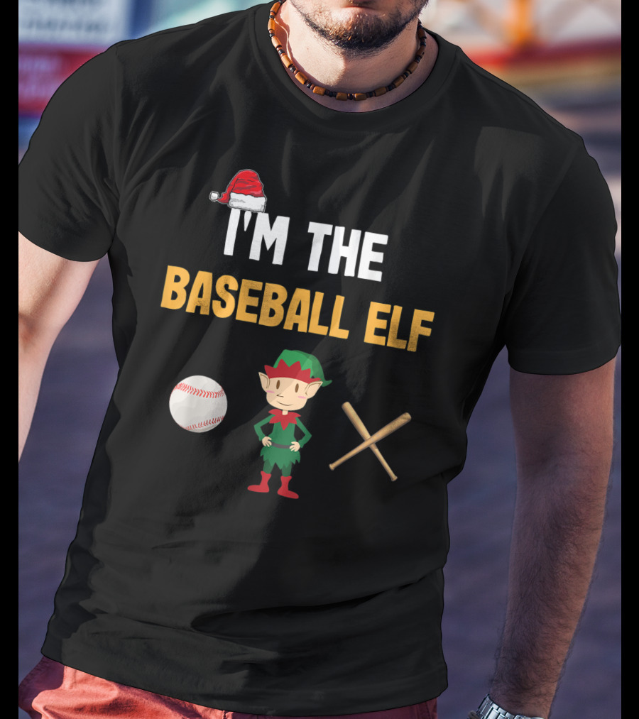 I'm The Baseball Elf Santa Hat Baseball Emoji Elf Bat Cross T-Shirt