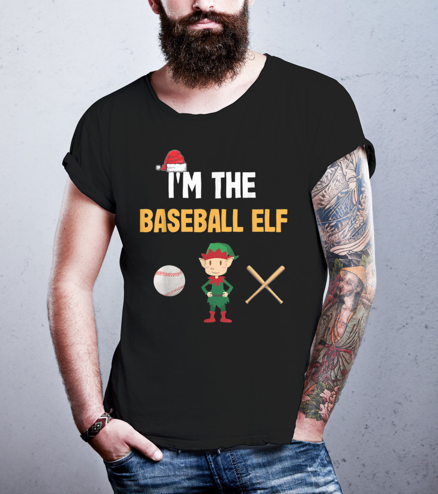 I'm The Baseball Elf Santa Hat Baseball Emoji Elf Bat Cross T-Shirt