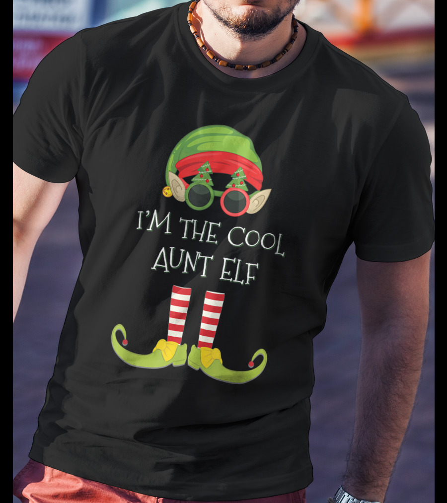 I'm The Cool Aunt Elf Christmas Costume Striped Stockings Green Hat Glasses T-Shirt