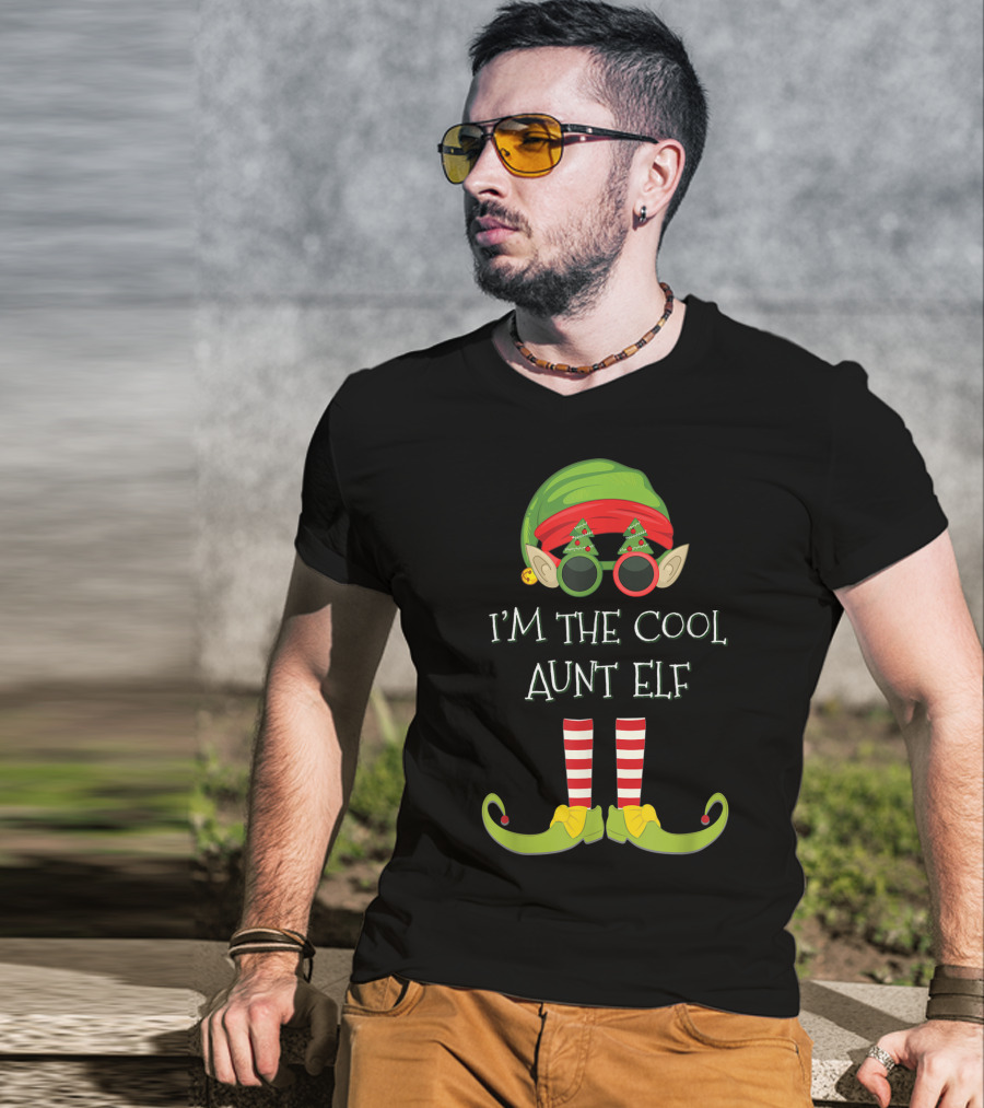 I'm The Cool Aunt Elf Christmas Costume Striped Stockings Green Hat Glasses T-Shirt