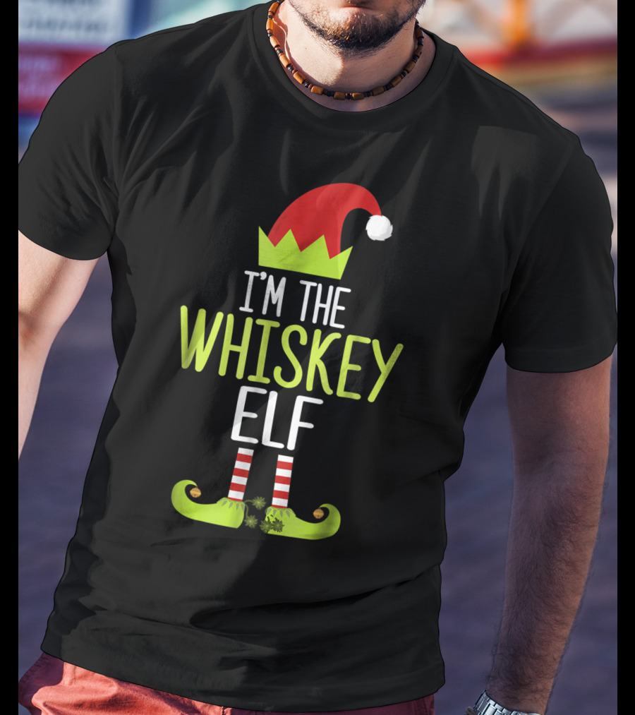 I'm The Whiskey Elf Christmas Family Elf Hat And Striped Shoes T-Shirt