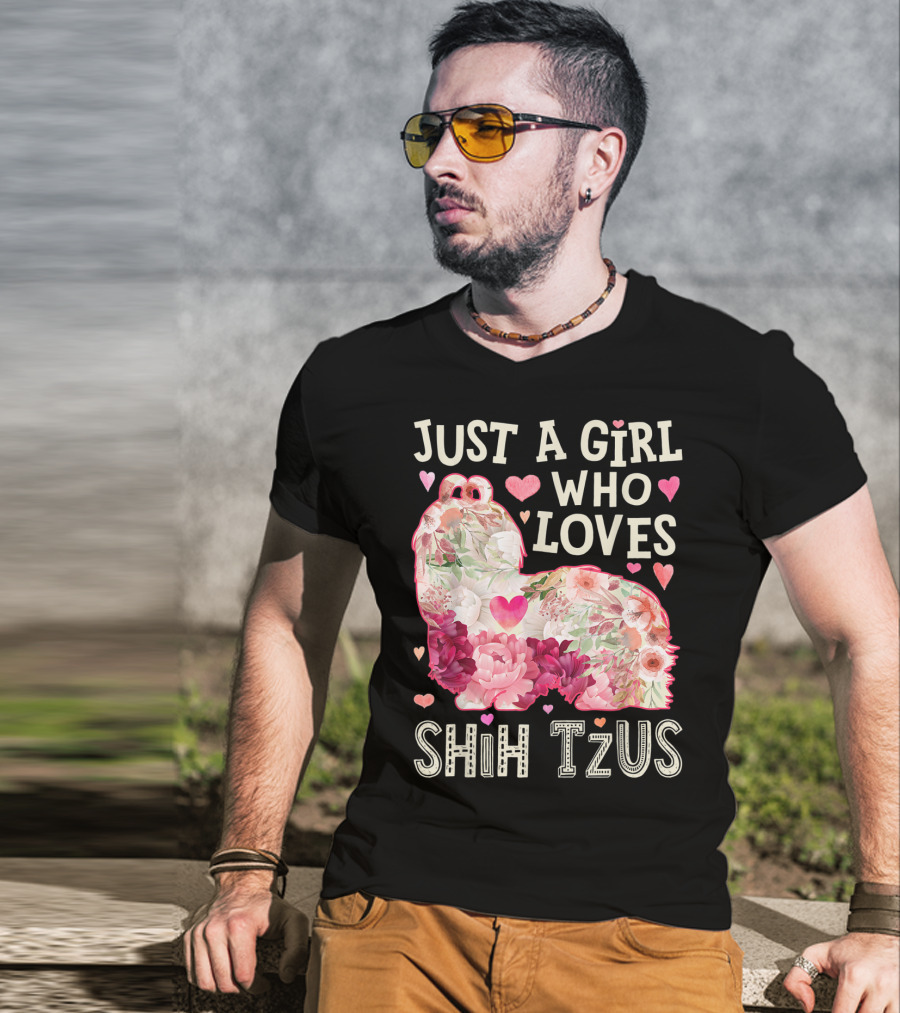 Just A Girl Who Loves Shih Tzus Floral Heart T-Shirt