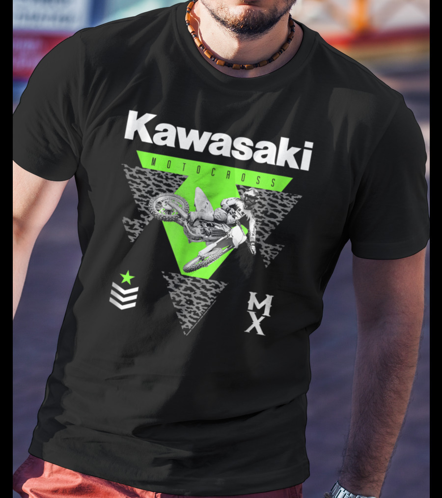 Kawasaki Motocross Classic Look 27272 MX Rider With Green Triangle And Chevron Star T-Shirt
