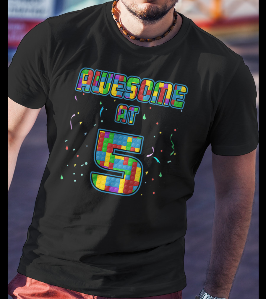 AWESOME AT 5 Kids 5 Years Old Birthday Age Five Blocks T-Shirt
