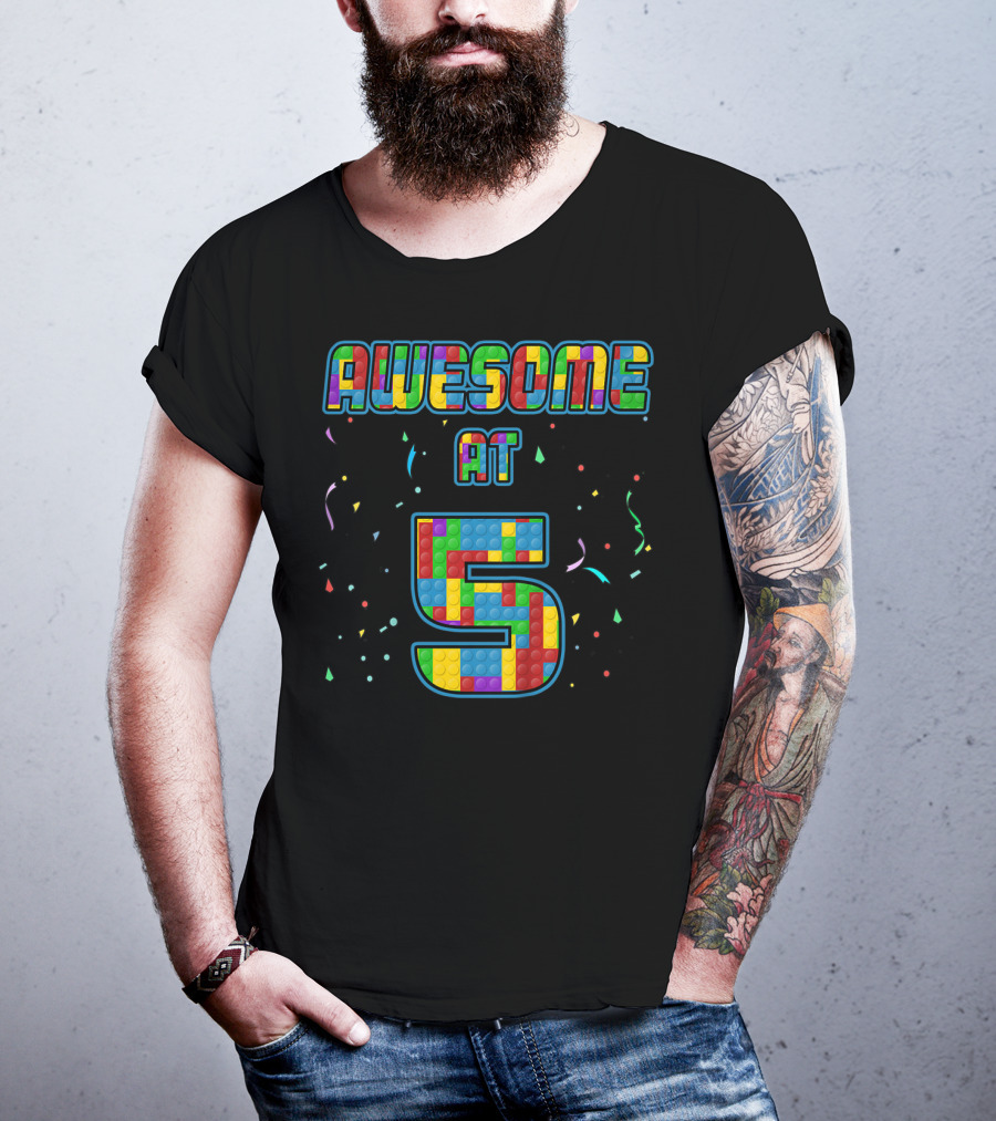 AWESOME AT 5 Kids 5 Years Old Birthday Age Five Blocks T-Shirt