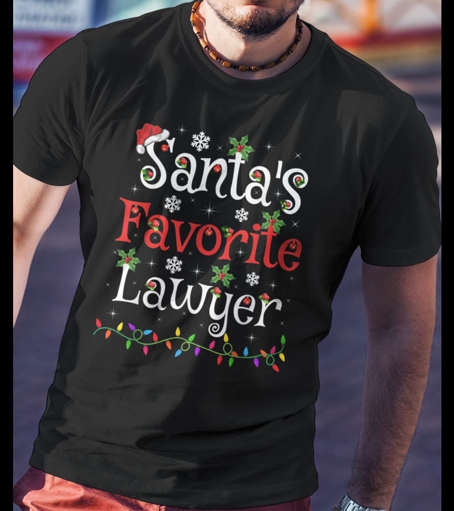 Santa's Favorite Lawyer Christmas Lights And Holly T-Shirt