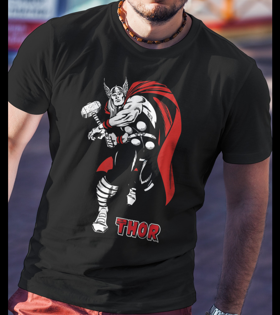 Marvel Comics Thor Mighty Hammer Swing Red Cape T-Shirt