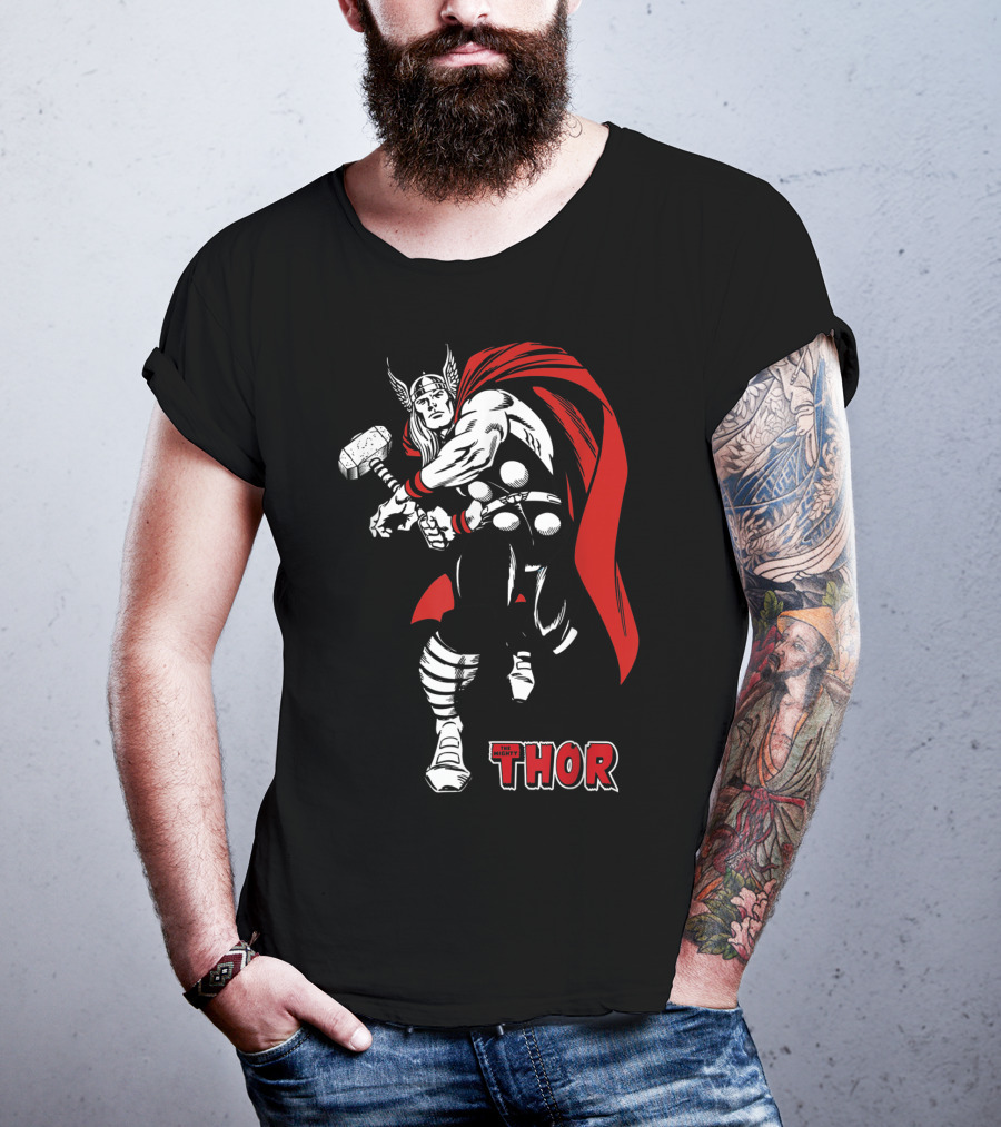 Marvel Comics Thor Mighty Hammer Swing Red Cape T-Shirt
