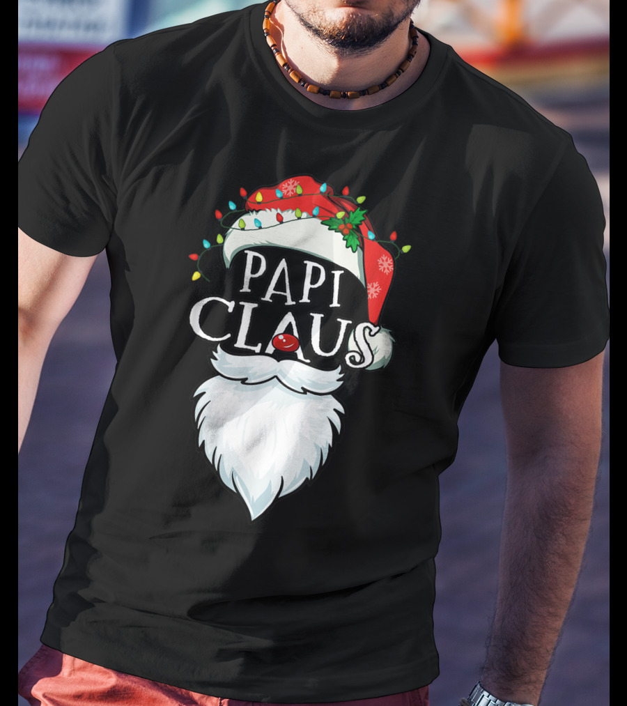 Mens Papi Claus Santa Hat Xmas Costume Family Beard Lights T-Shirt