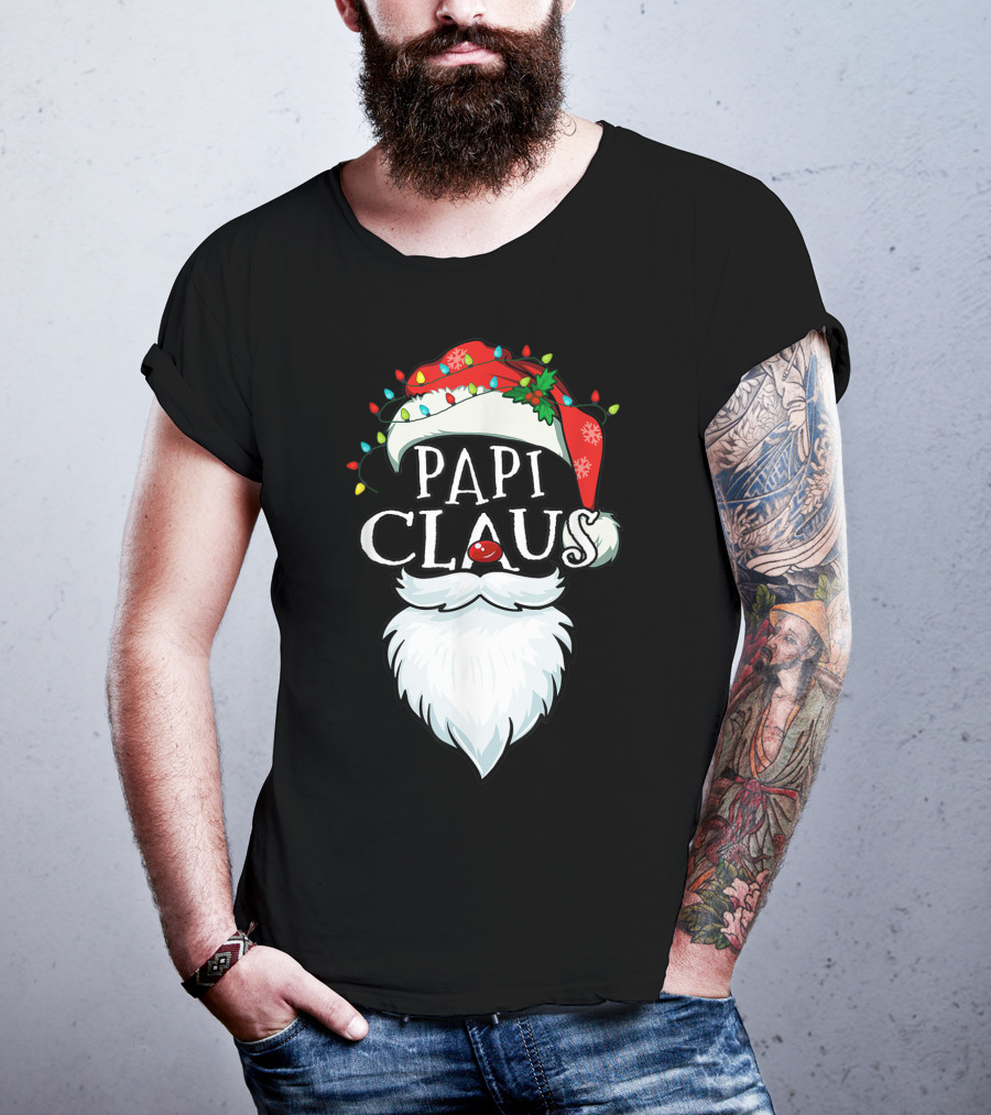 Mens Papi Claus Santa Hat Xmas Costume Family Beard Lights T-Shirt
