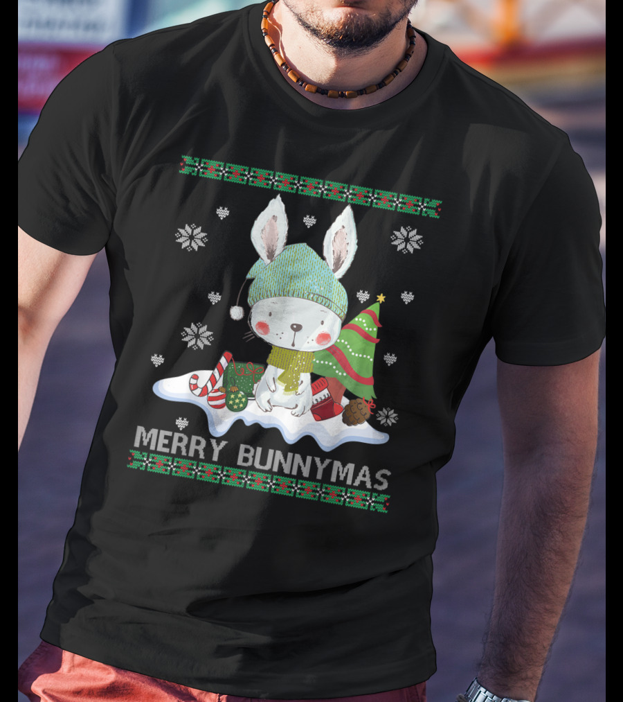 Merry Bunnymas Cute Bunny With Santa Hat And Christmas Tree T-Shirt