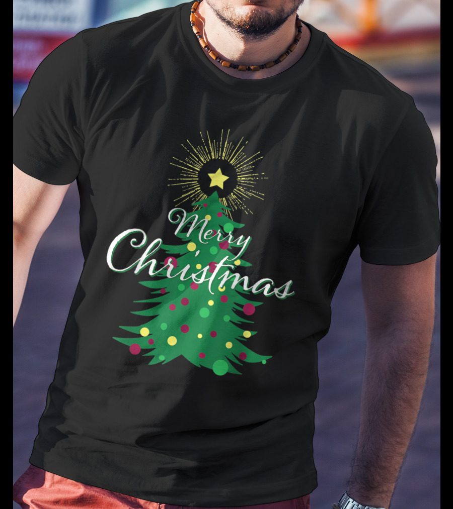 Merry Christmas Tree With Star And Colorful Ornaments For Family Party T-Shirt