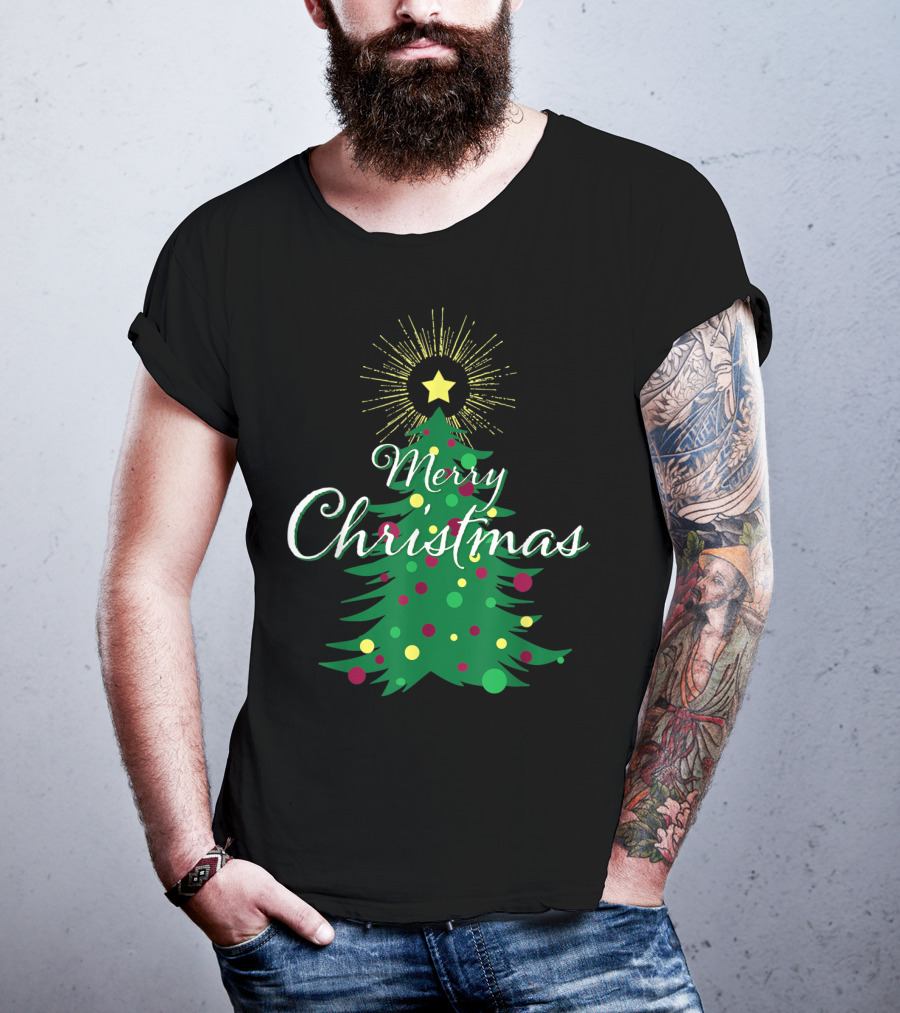 Merry Christmas Tree With Star And Colorful Ornaments For Family Party T-Shirt