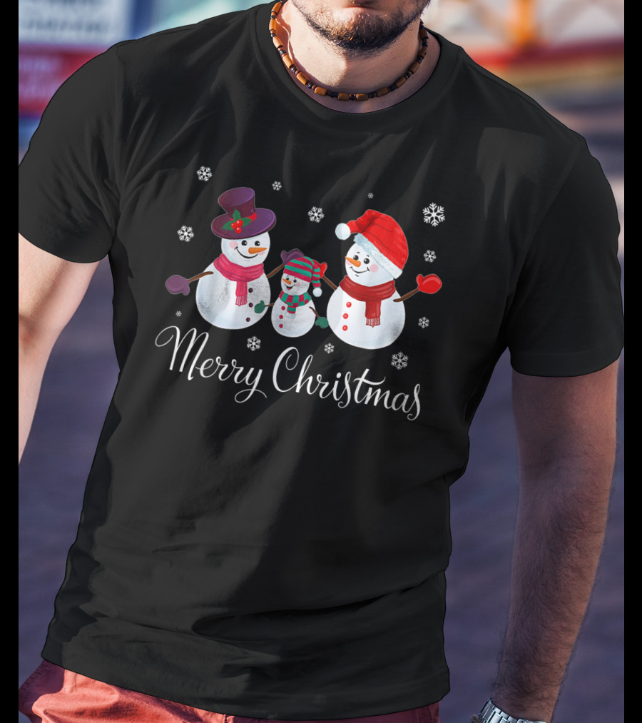 Merry Christmas Family Snowman Snowflakes Holiday Scene T-Shirt
