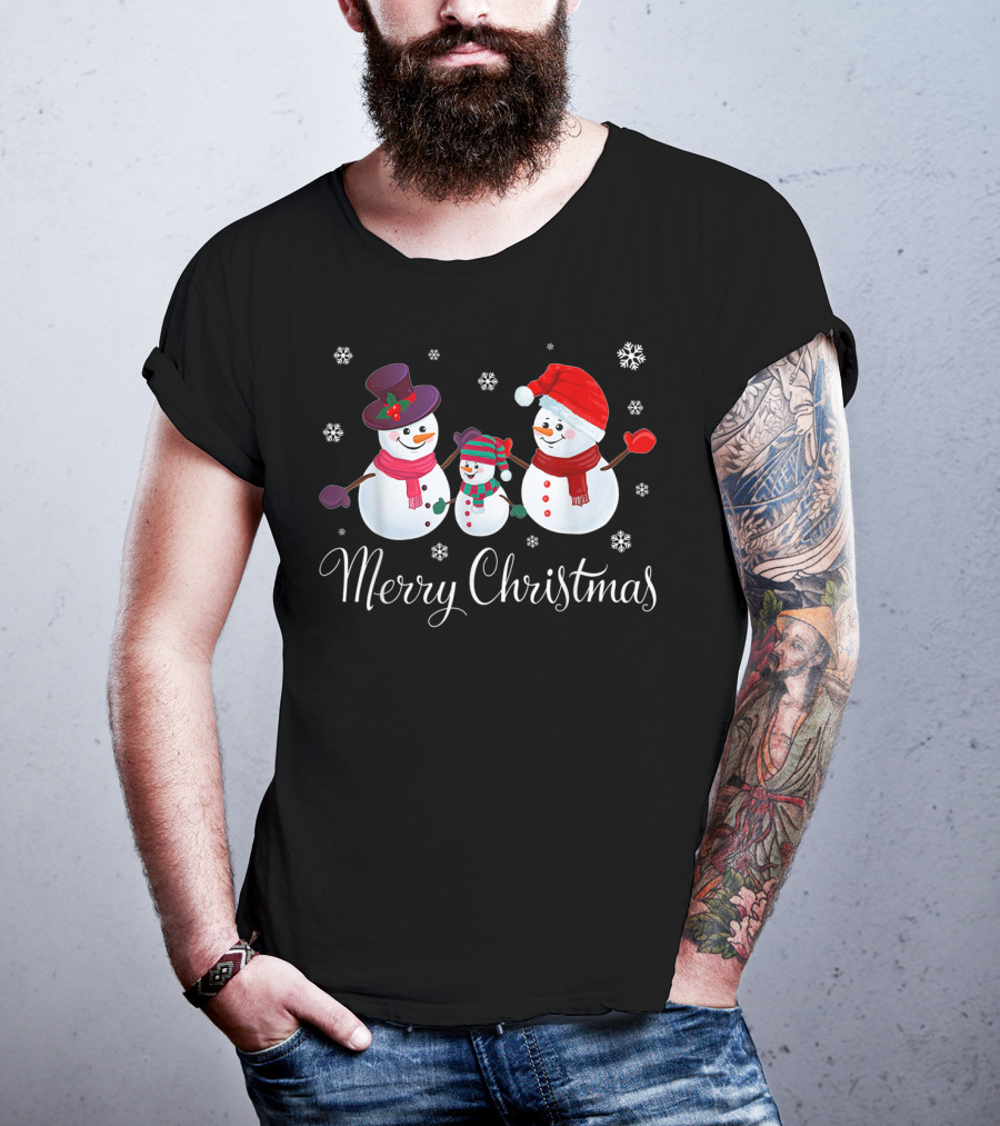 Merry Christmas Family Snowman Snowflakes Holiday Scene T-Shirt