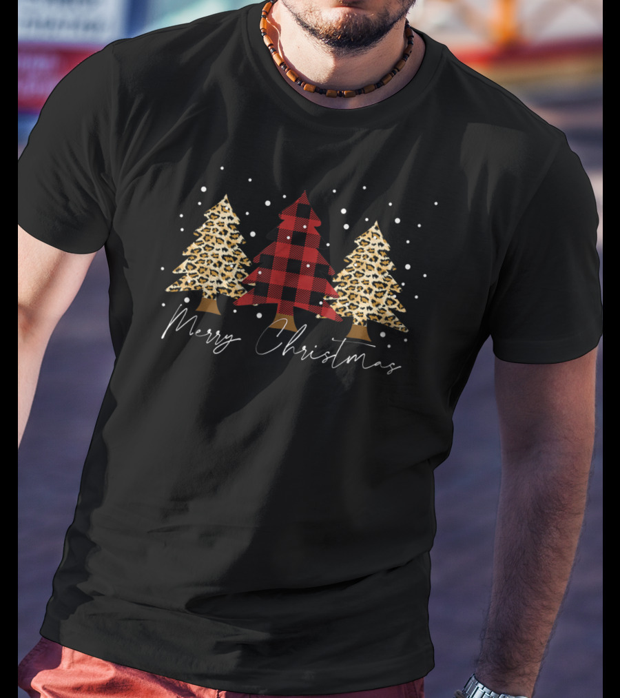 Merry Christmas Leopard Plaid Xmas Trees T-Shirt