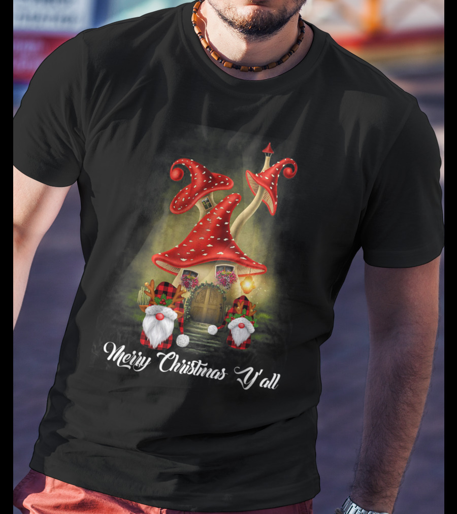 Merry Christmas Y'all Gnome Red Mushroom House T-Shirt