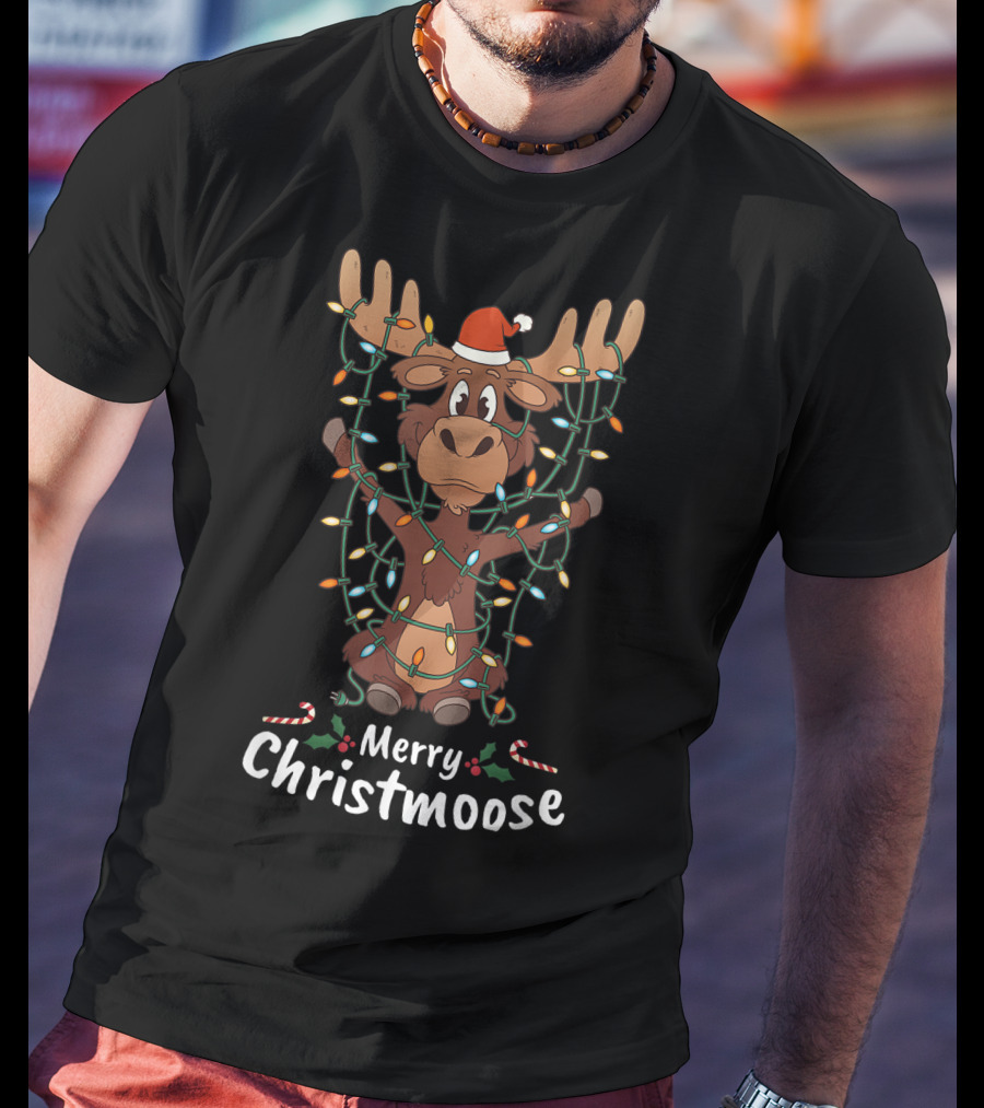 Merry Christmoose Christmas Moose Xmas Tree Lights Santa Hat T-Shirt