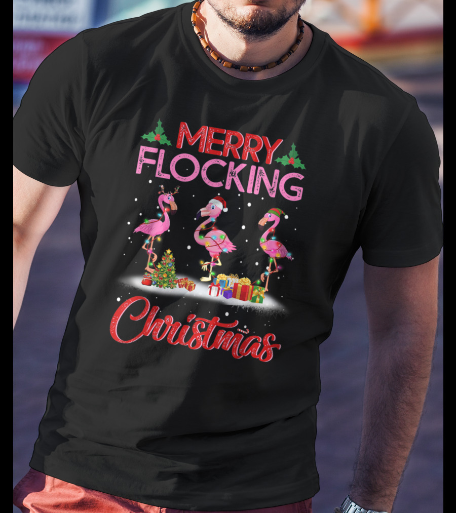 Merry Flocking Christmas Flamingo Pink Holiday Scene With Presents And Snowflakes T-Shirt