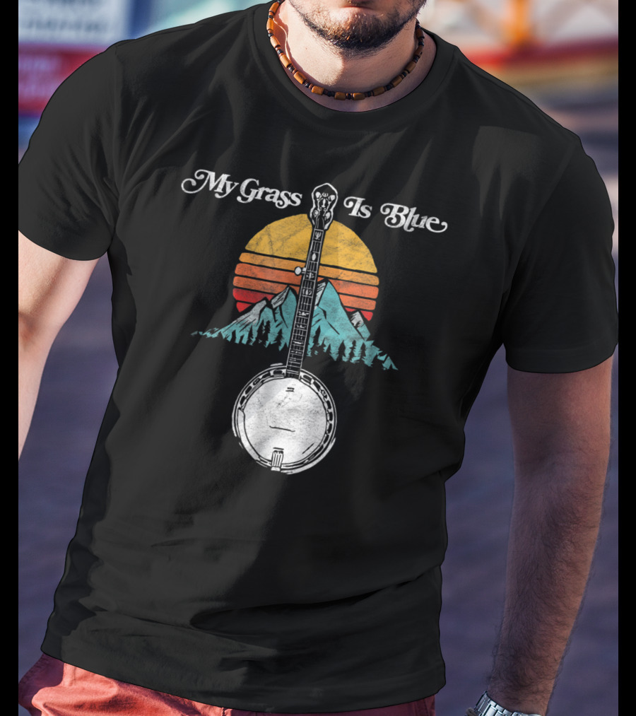 My Grass Is Blue Rocky Mountain Banjo Sunset Mountain Scene T-Shirt