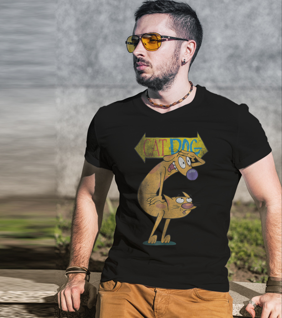 Nickelodeon CatDog Characters With Yellow Direction Arrow T-Shirt