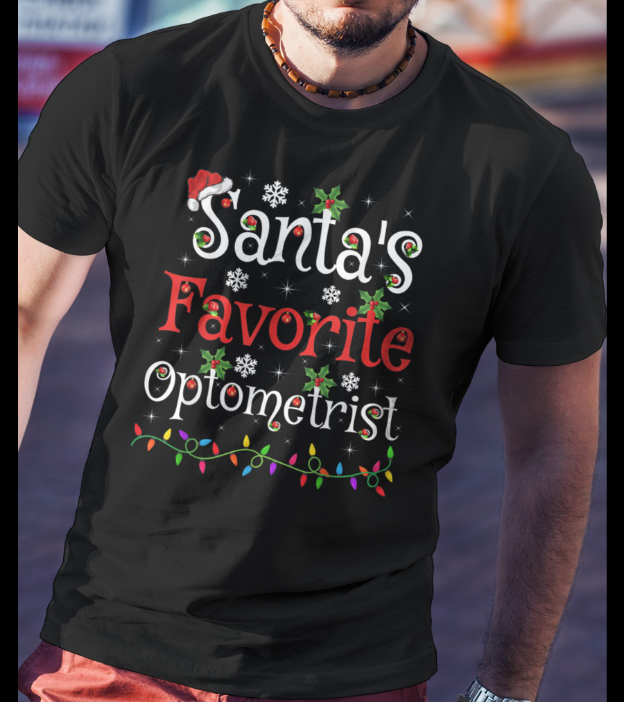 Santa's Favorite Optometrist Xmas Lights Snowflakes Holly T-Shirt