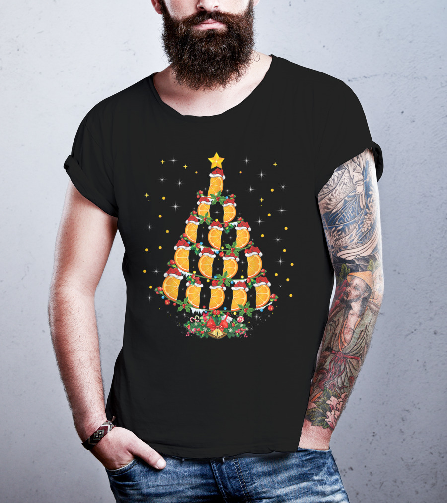 Orange Christmas Tree With Citrus Fruit And Santa Hats T-Shirt