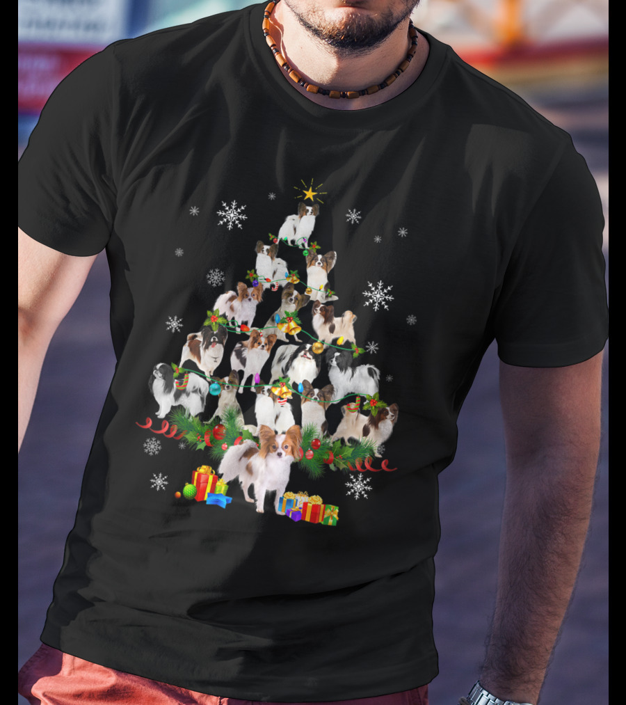 Papillon Dog Christmas Tree Lights With Snowflakes And Presents T-Shirt