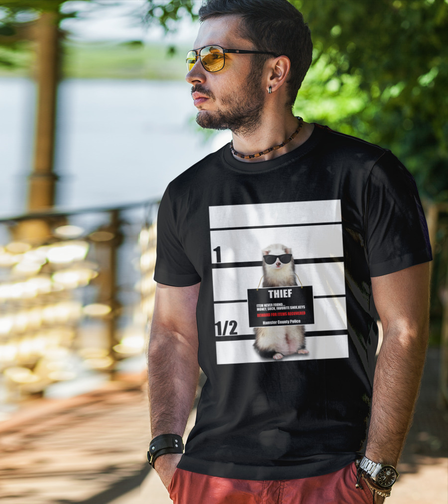 Pet Ferret Thief Mugshot Hamster County Police Funny Ferret Reward For Items Recovered T-Shirt