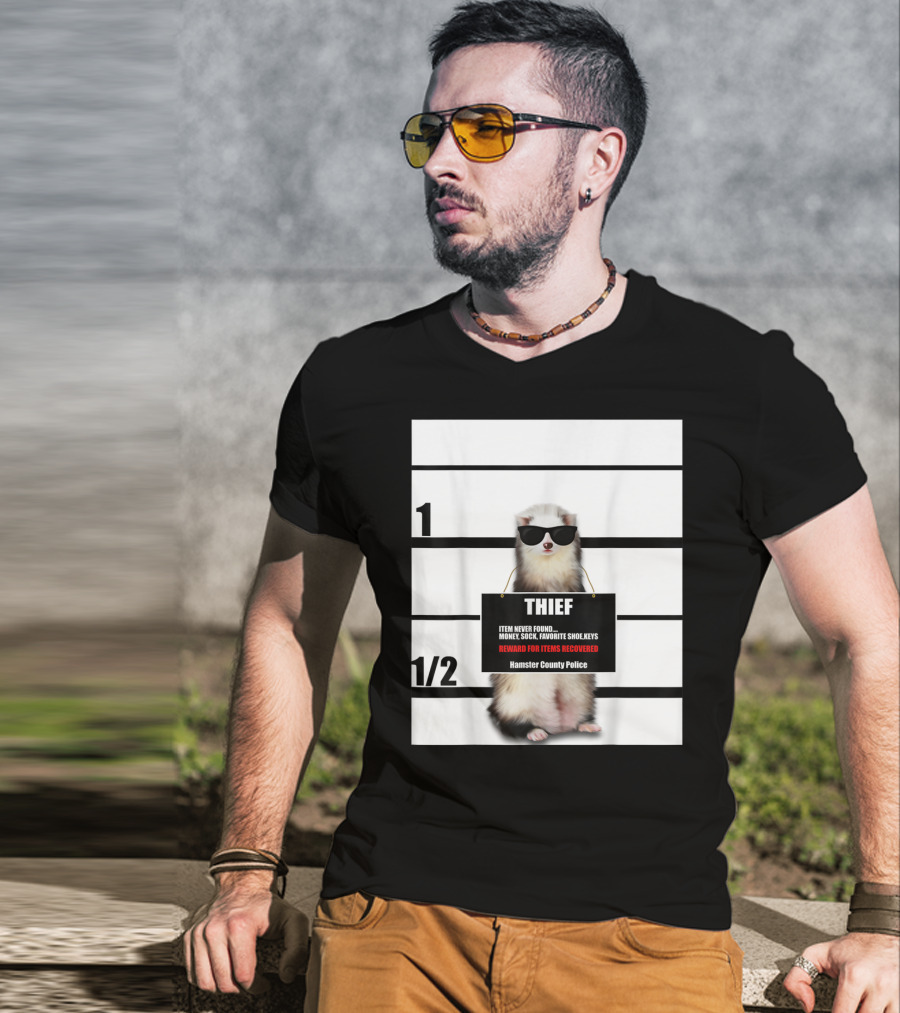 Pet Ferret Thief Mugshot Hamster County Police Funny Ferret Reward For Items Recovered T-Shirt