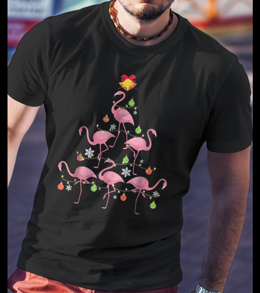 Pink Flamingo Christmas Tree Ornament Decor Snowflakes Festive Lights T-Shirt