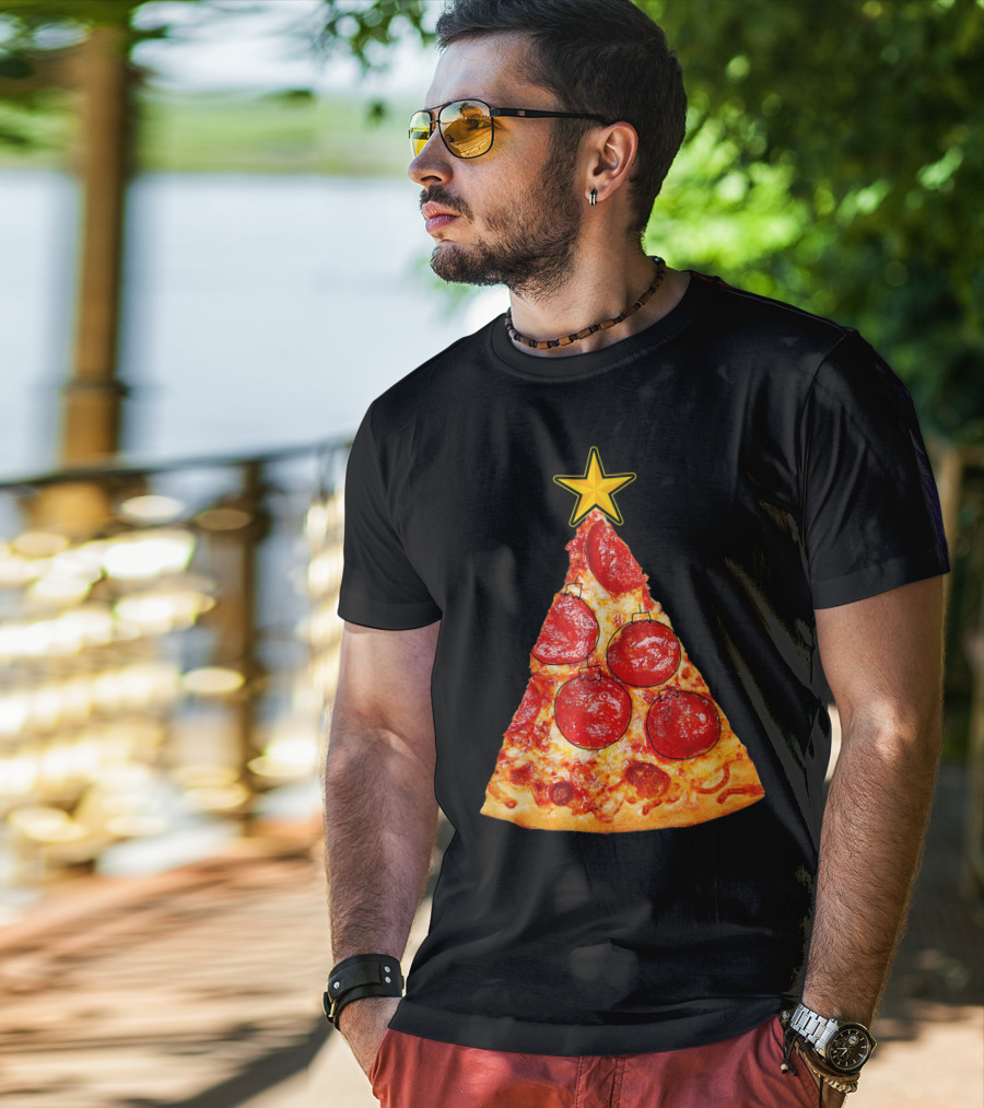 Pizza Slice Christmas Tree With Pepperoni Ornaments And Star Topper T-Shirt