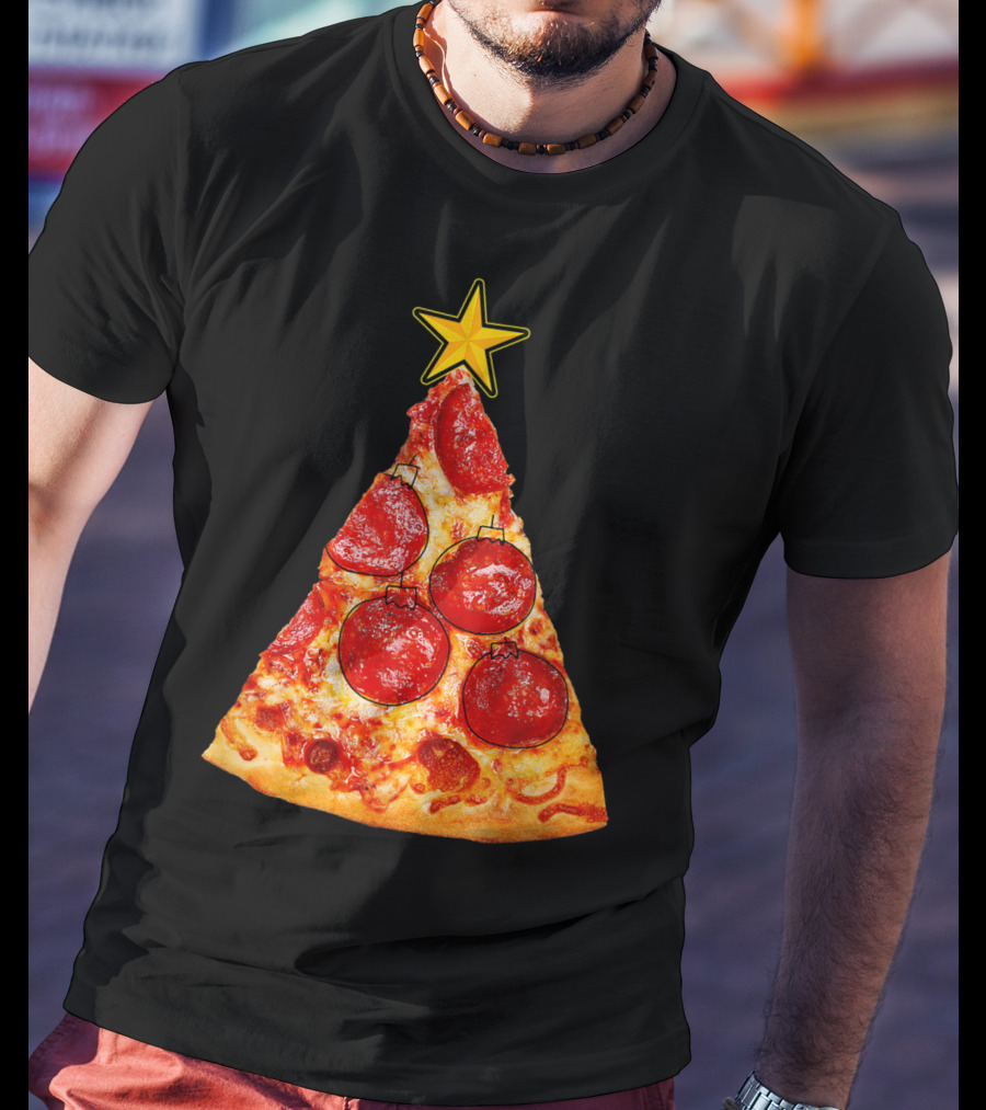Pizza Slice Christmas Tree With Pepperoni Ornaments And Star Topper T-Shirt