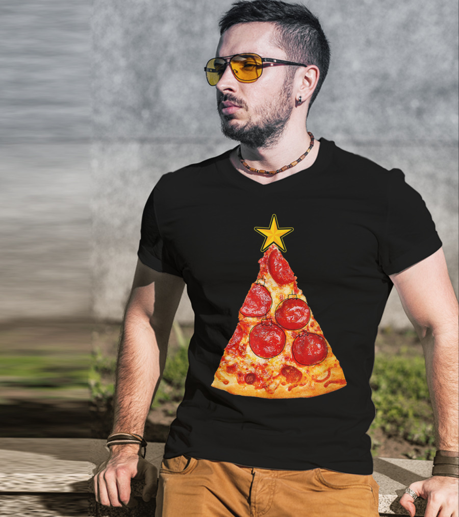 Pizza Slice Christmas Tree With Pepperoni Ornaments And Star Topper T-Shirt