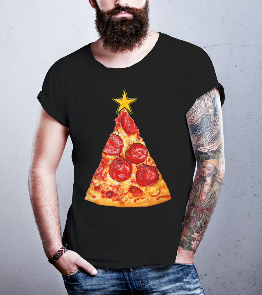 Pizza Slice Christmas Tree With Pepperoni Ornaments And Star Topper T-Shirt