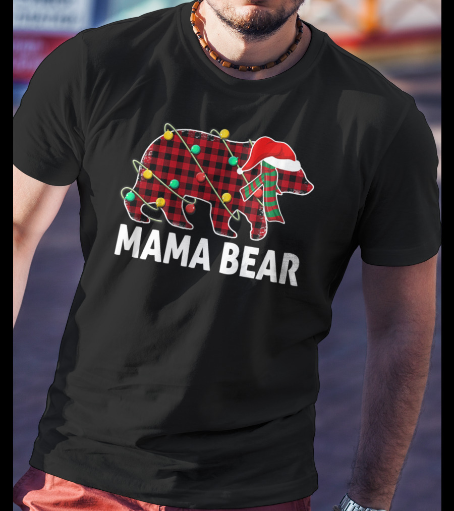 Mama Bear Plaid Santa Hat Christmas Lights T-Shirt