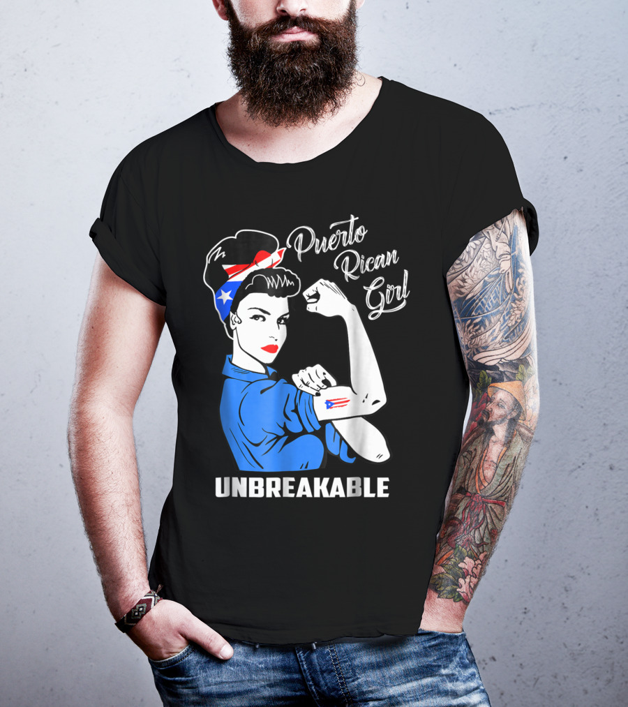 Puerto Rican Girl Unbreakable Rosie The Riveter Flag Tattoo Heritage T-Shirt