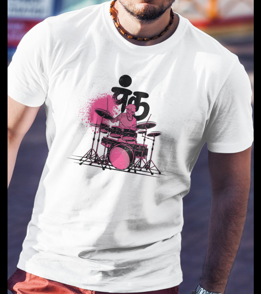 Pink Punk Band Drummer Graphic With Drum Set And Grunge Effect T-Shirt