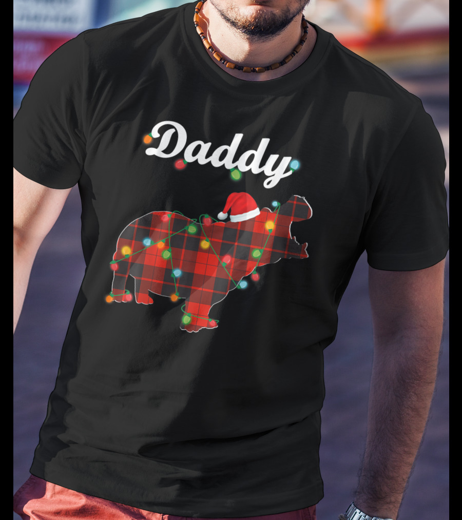 Daddy Red Plaid Hippopotamus Christmas Lights Santa Hat T-Shirt
