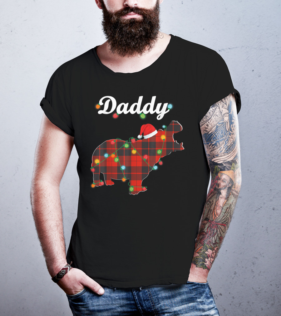 Daddy Red Plaid Hippopotamus Christmas Lights Santa Hat T-Shirt