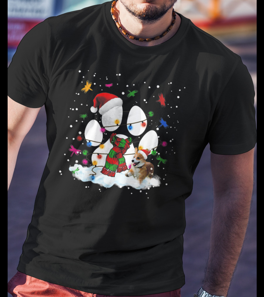 Santa Corgi Paw Print Christmas Lights Snowflakes T-Shirt