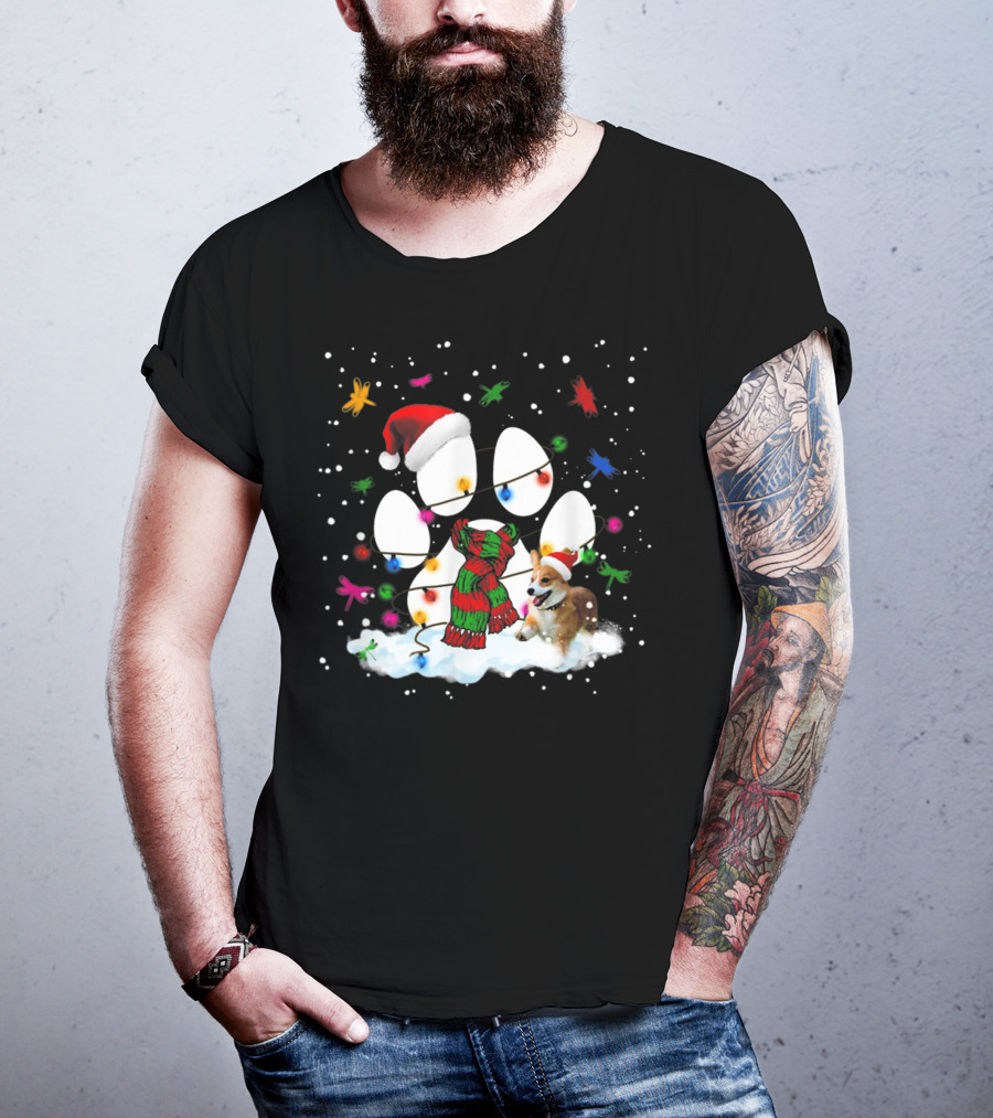 Santa Corgi Paw Print Christmas Lights Snowflakes T-Shirt