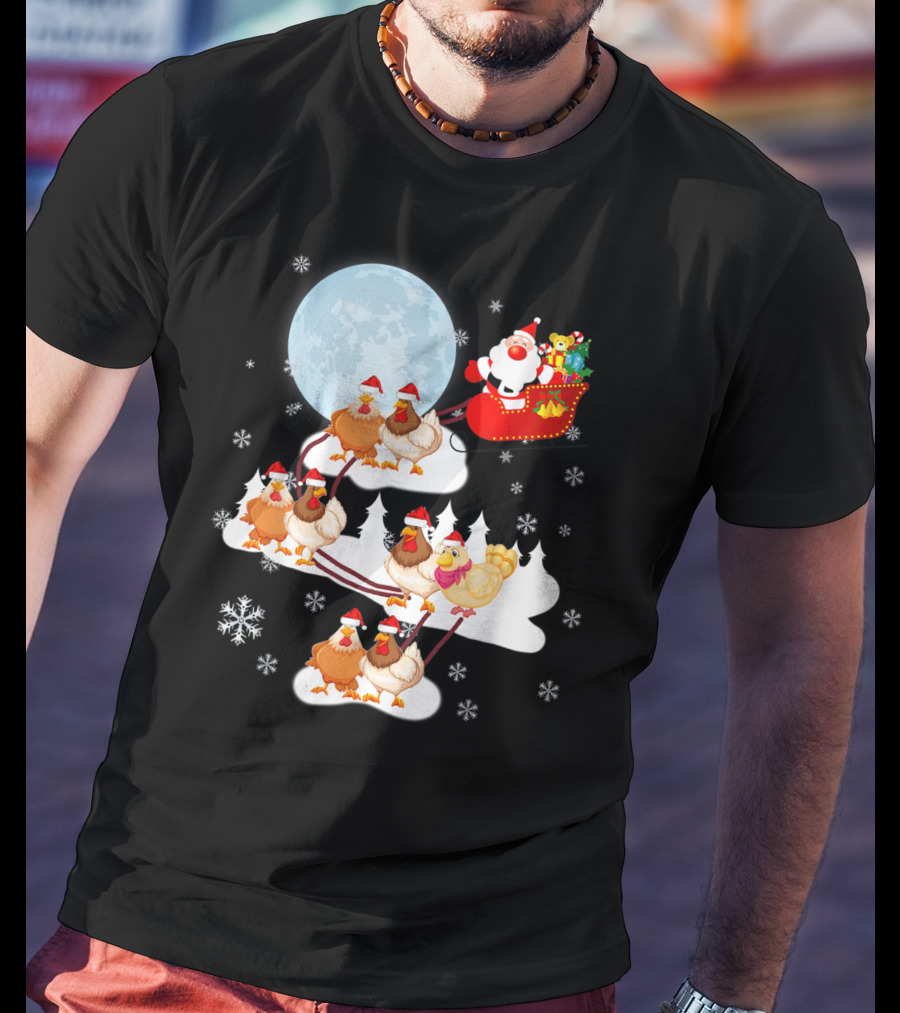 Santa Sleigh Sled Riding Chickens Full Moon Christmas Snowflakes T-Shirt