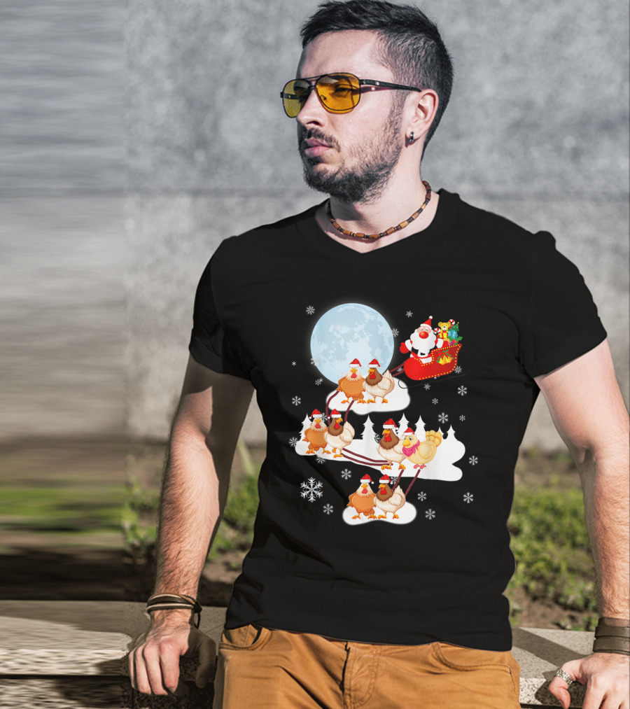 Santa Sleigh Sled Riding Chickens Full Moon Christmas Snowflakes T-Shirt