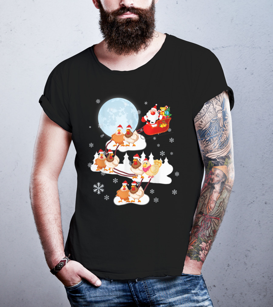 Santa Sleigh Sled Riding Chickens Full Moon Christmas Snowflakes T-Shirt