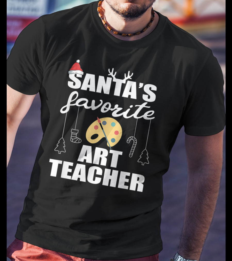 Santa's Favorite Art Teacher Christmas Trees Candy Canes Palette T-Shirt