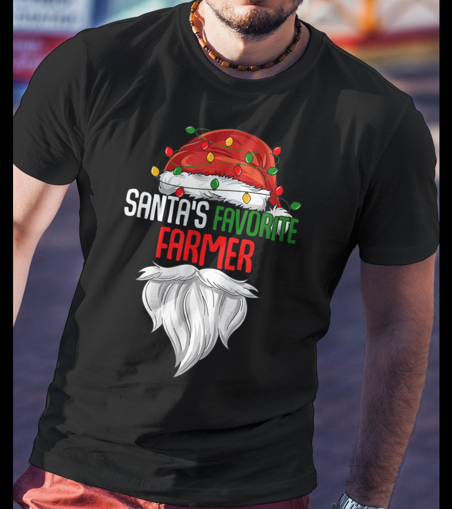 Santa's Favorite Farmer Christmas Beard And Hat Lights T-Shirt