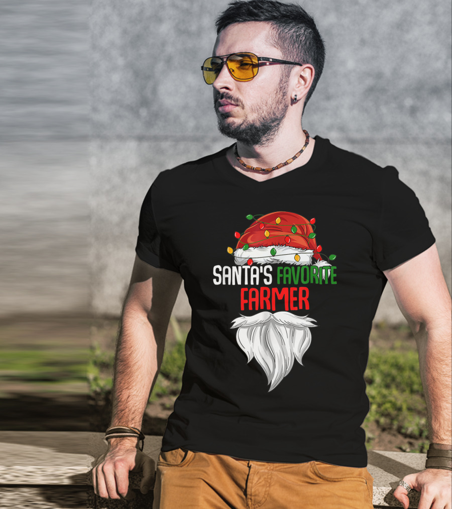 Santa's Favorite Farmer Christmas Beard And Hat Lights T-Shirt