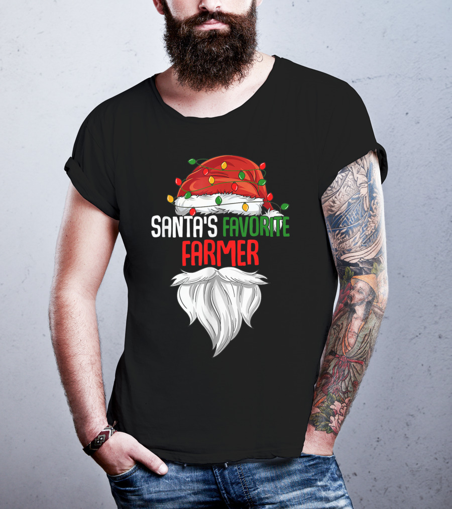 Santa's Favorite Farmer Christmas Beard And Hat Lights T-Shirt